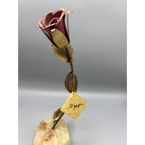 Vtg 70s DeMott Brass Copper Metal‎ Onyx Stone Rose Sculpture  Art Decor - Picture 3 of 7